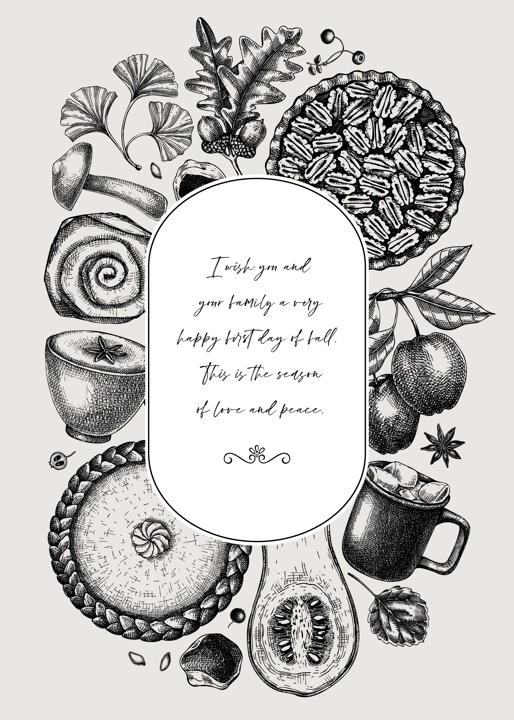 Autumn frame design template. Hand-drawn vector illustration. Pumpkin, hot drink, fruit, pie, pastry, fall leaves sketches. Thanksgiving background, banner, border